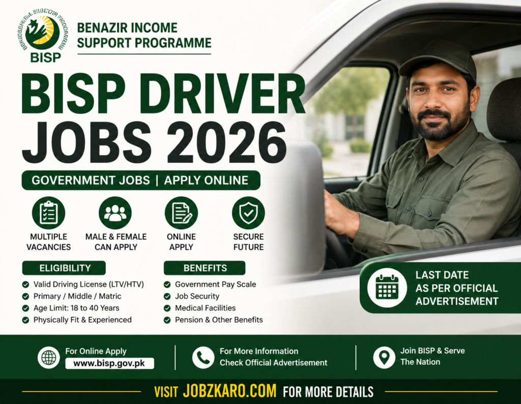 BISP Driver Jobs 2026 Apply Online | Latest Benazir Income Support Programme Vacancies
